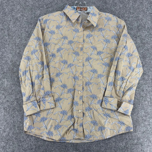 Thomas Pink Tops - Thomas Pink Women Tan Blue Floral Cotton Button Down Shirt Blouse Size 14